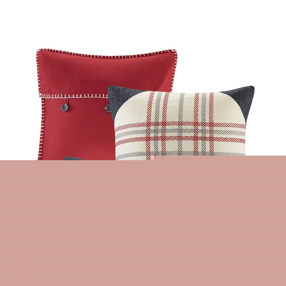 Set of Seven Red And Gray Plaid King Ring Stitch Polyester Sham And Comforter HomeRoots