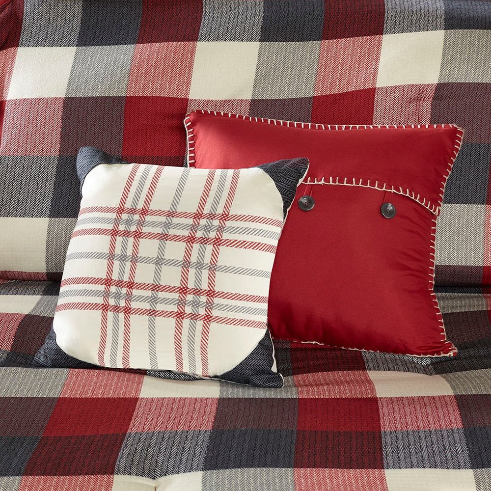 Set of Seven Red And Gray Plaid King Ring Stitch Polyester Sham And Comforter HomeRoots