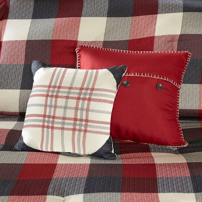 Set of Seven Red And Gray Plaid King Ring Stitch Polyester Sham And Comforter HomeRoots