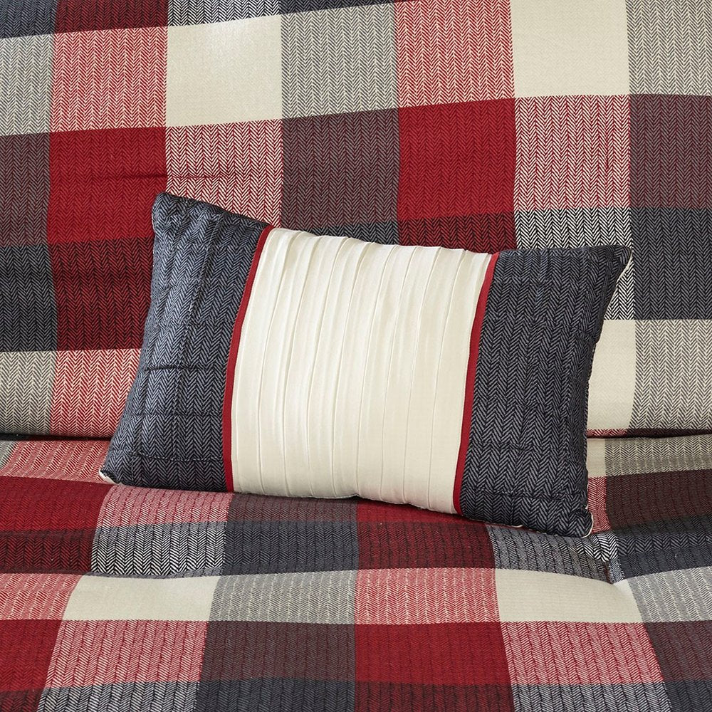Set of Seven Red And Gray Plaid King Ring Stitch Polyester Sham And Comforter HomeRoots