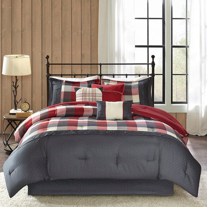 Set of Seven Red And Gray Plaid King Ring Stitch Polyester Sham And Comforter HomeRoots