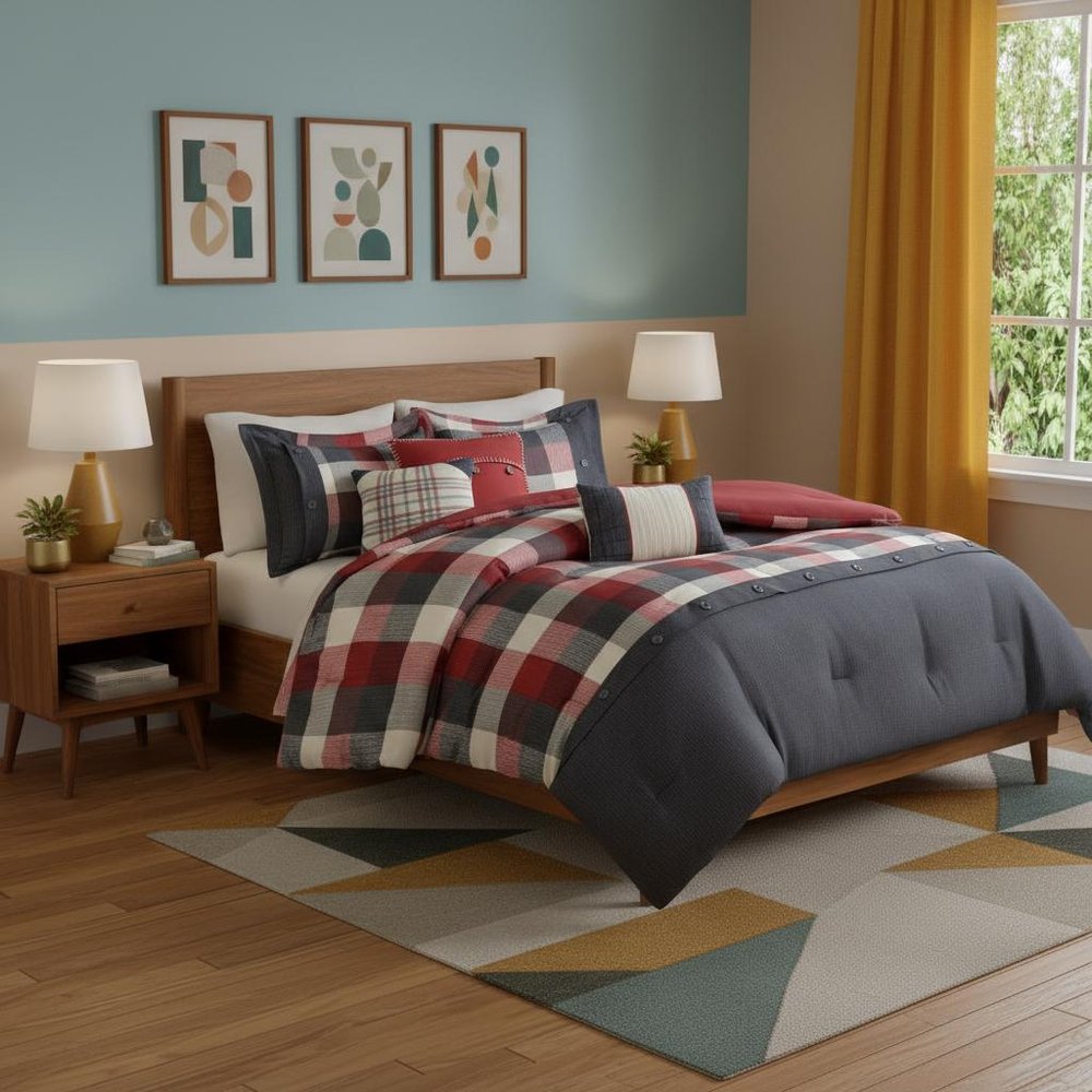 Set of Seven Red And Gray Plaid King Ring Stitch Polyester Sham And Comforter HomeRoots