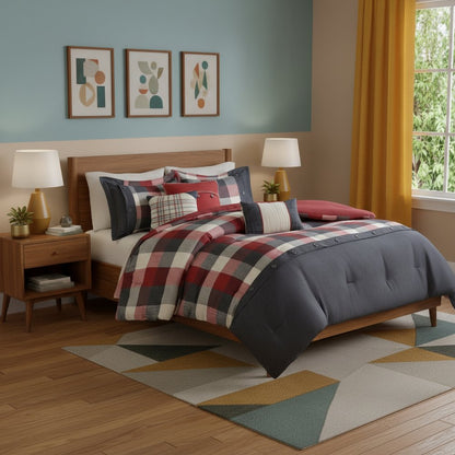 Set of Seven Red And Gray Plaid King Ring Stitch Polyester Sham And Comforter HomeRoots