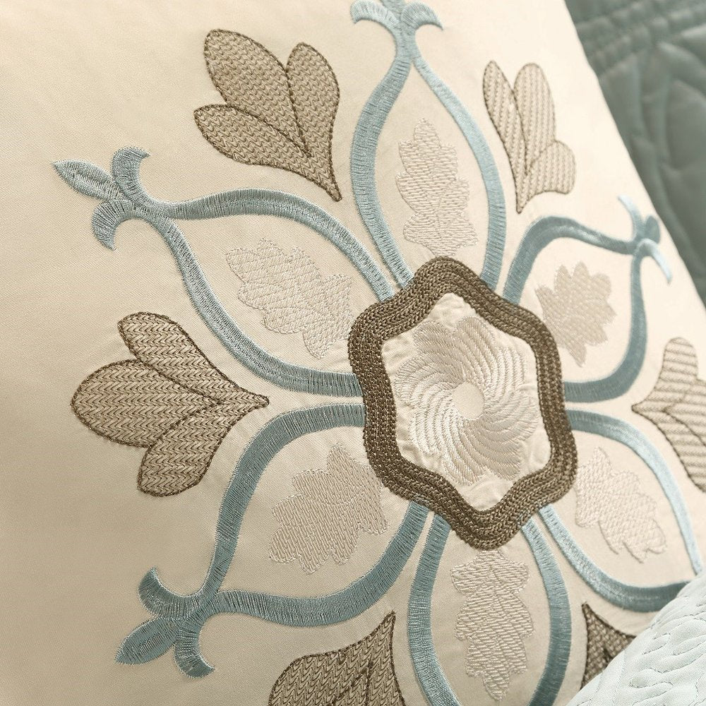 Set of Nine Ivory And Light Blue Medallion King Ring Stitch Polyester Sham And Comforter HomeRoots