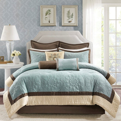 Set of Nine Ivory And Light Blue Medallion King Ring Stitch Polyester Sham And Comforter HomeRoots