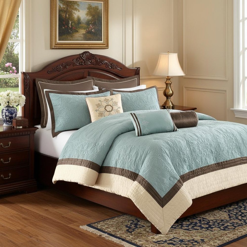 Set of Nine Ivory And Light Blue Medallion King Ring Stitch Polyester Sham And Comforter HomeRoots