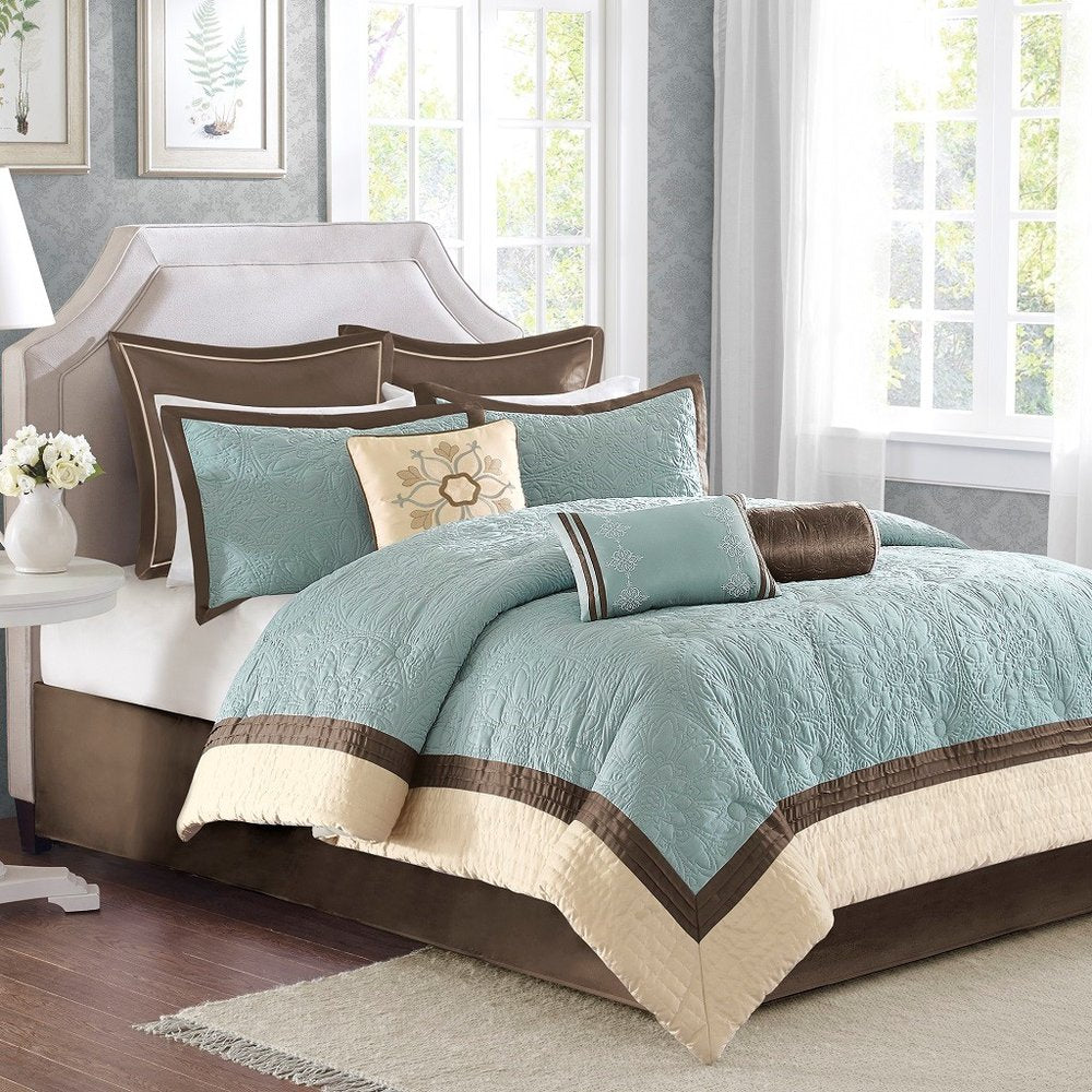 Set of Nine Ivory And Light Blue Medallion King Ring Stitch Polyester Sham And Comforter HomeRoots