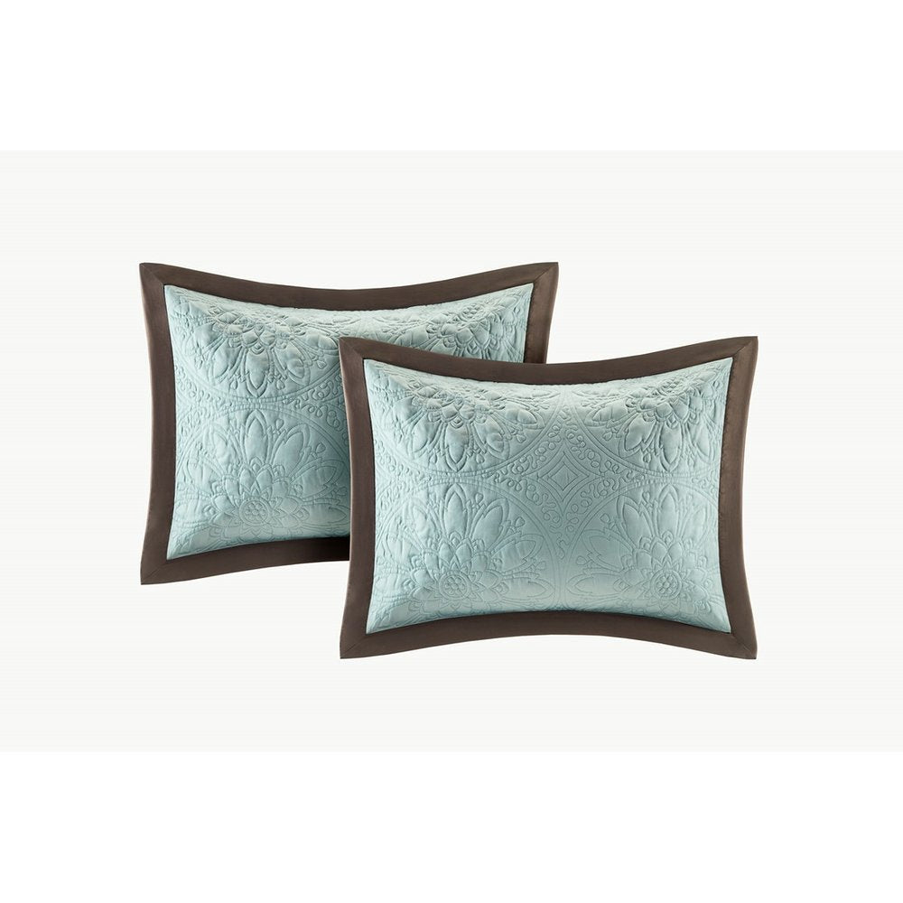 Set of Nine Ivory And Light Blue Medallion King Ring Stitch Polyester Sham And Comforter HomeRoots