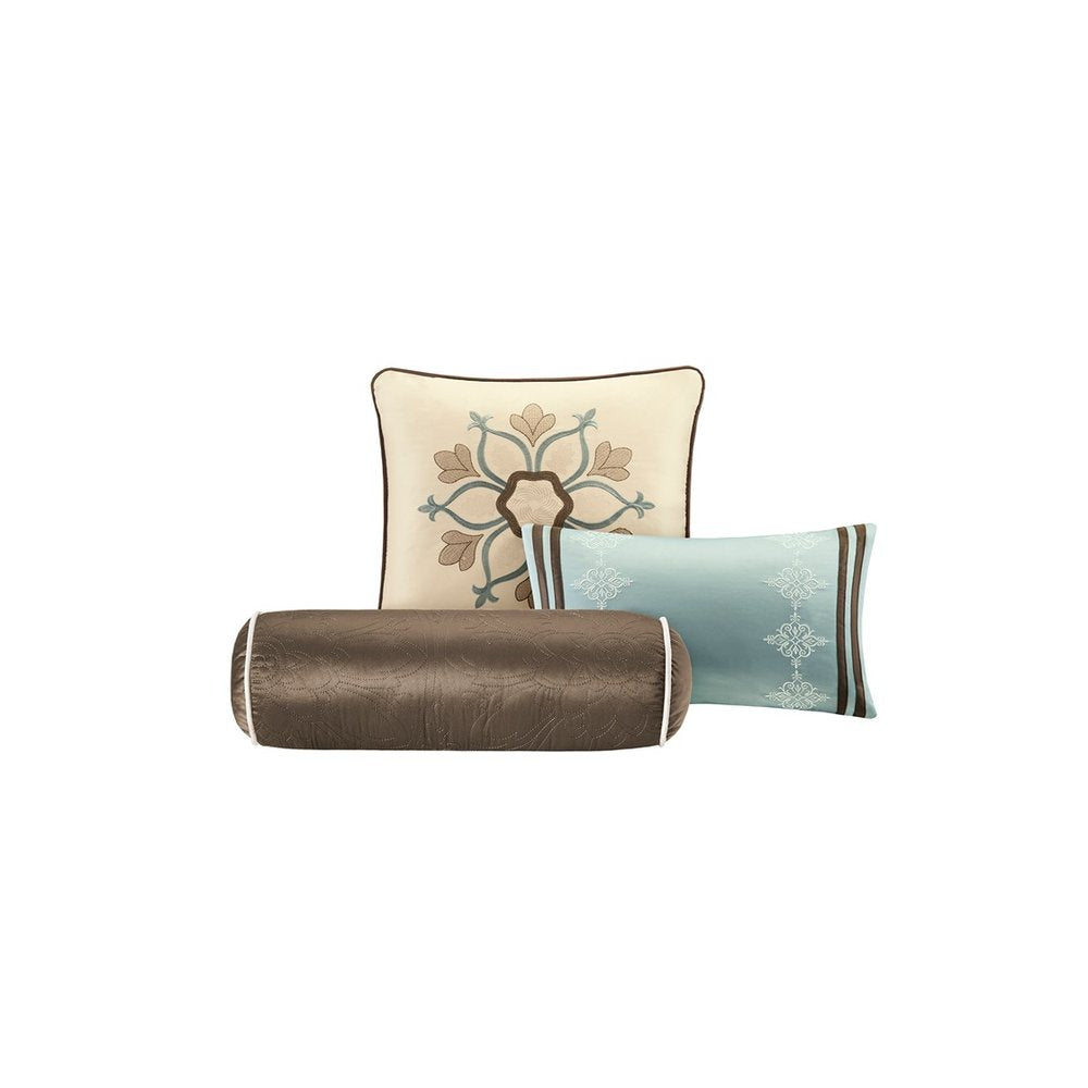 Set of Nine Ivory And Light Blue Medallion King Ring Stitch Polyester Sham And Comforter HomeRoots