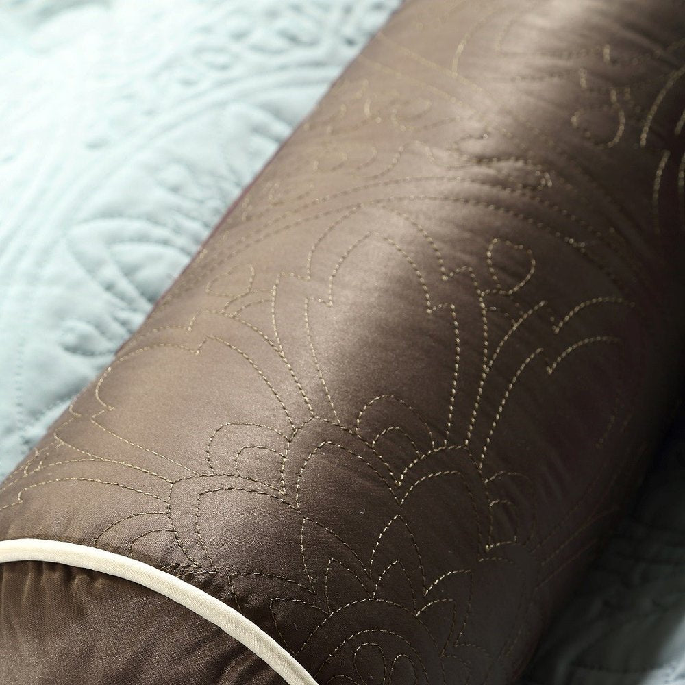 Set of Nine Ivory And Light Blue Medallion King Ring Stitch Polyester Sham And Comforter HomeRoots