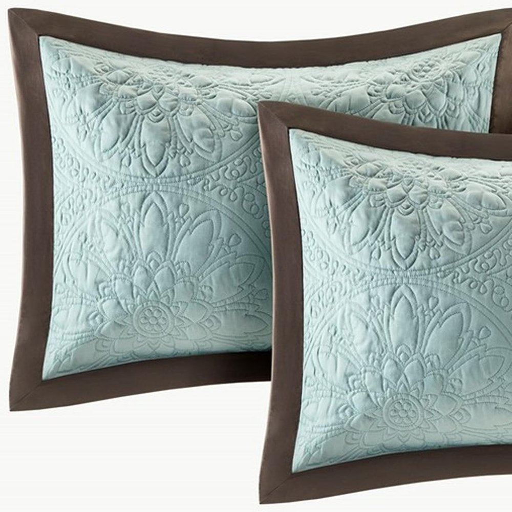Set of Nine Ivory And Light Blue Medallion King Ring Stitch Polyester Sham And Comforter HomeRoots