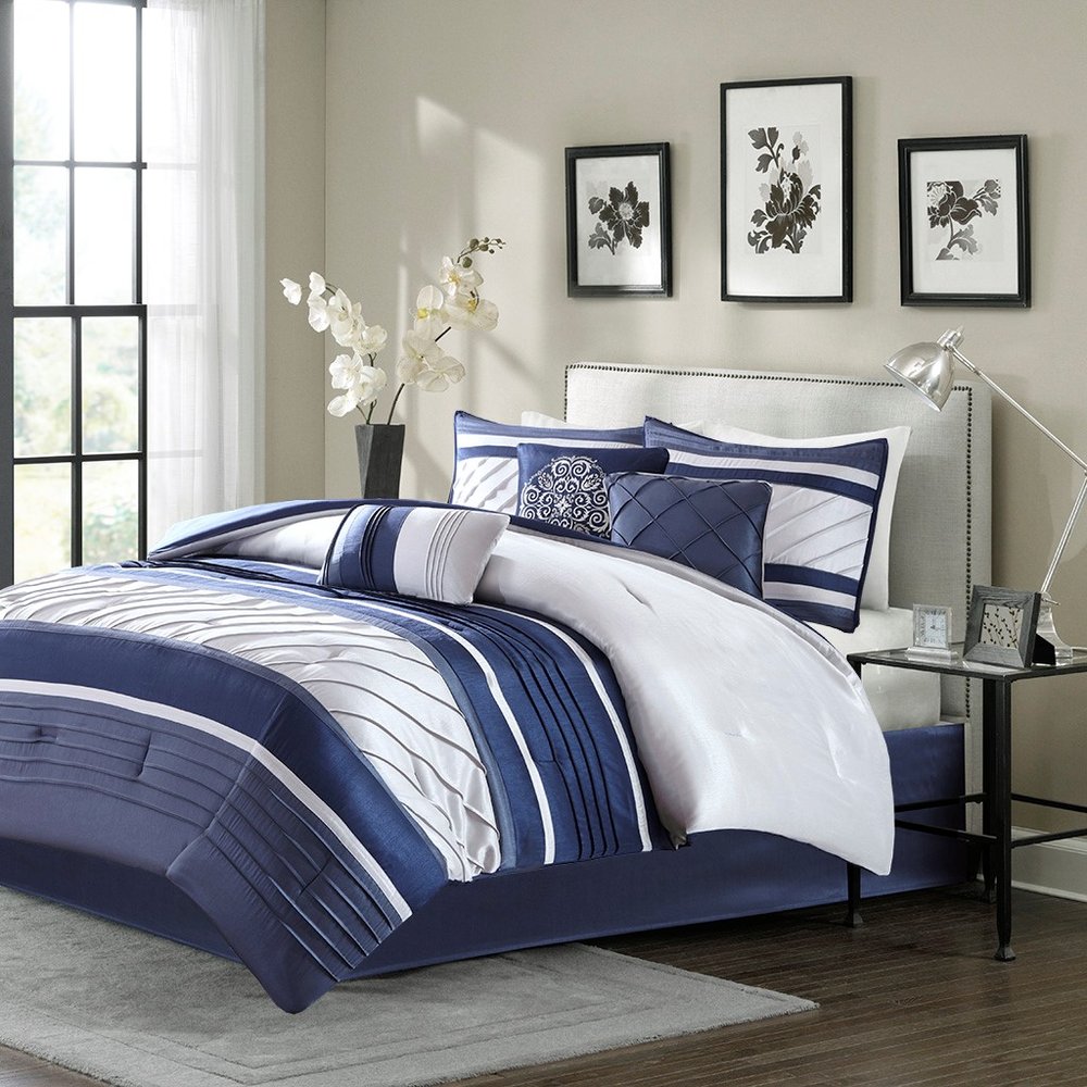 Set of Seven Navy Blue Striped Queen Ring Stitch Polyester Sham And Comforter HomeRoots