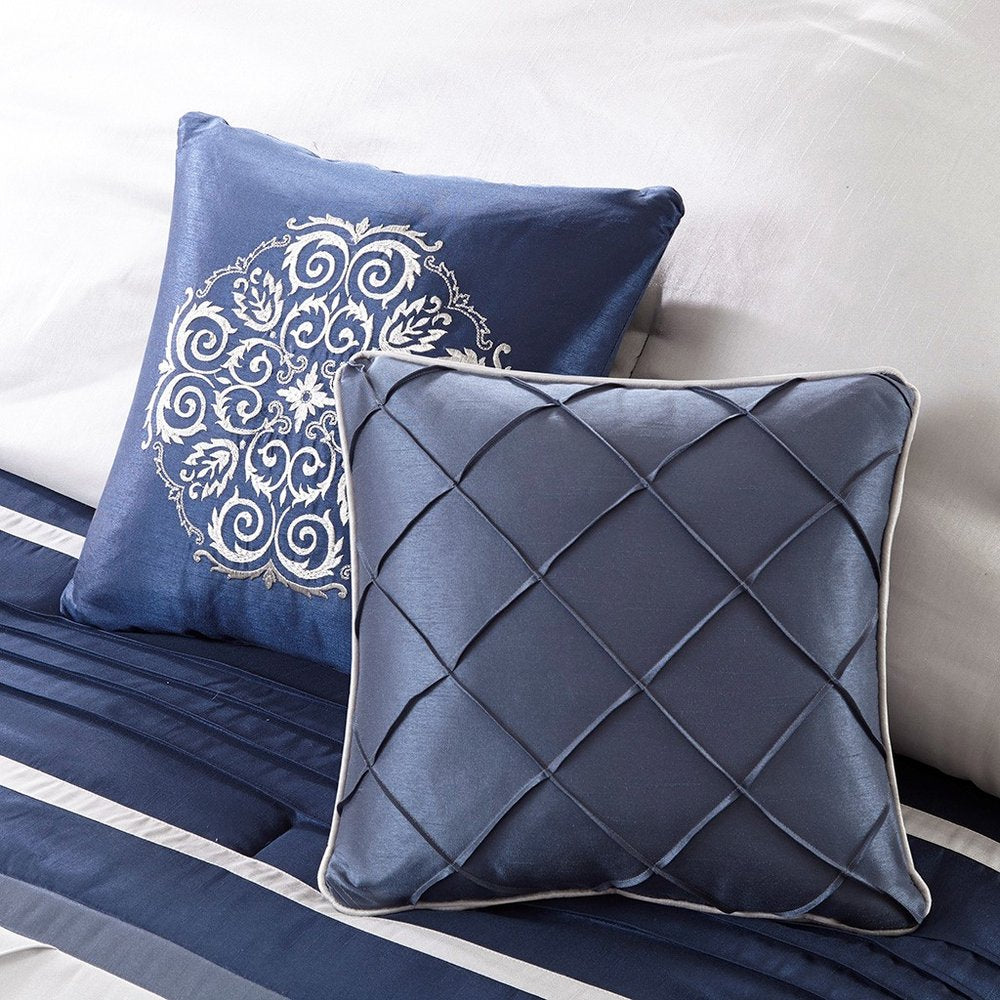 Set of Seven Navy Blue Striped Queen Ring Stitch Polyester Sham And Comforter HomeRoots