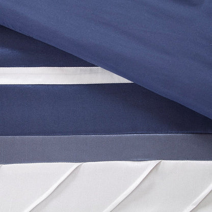 Set of Seven Navy Blue Striped Queen Ring Stitch Polyester Sham And Comforter HomeRoots