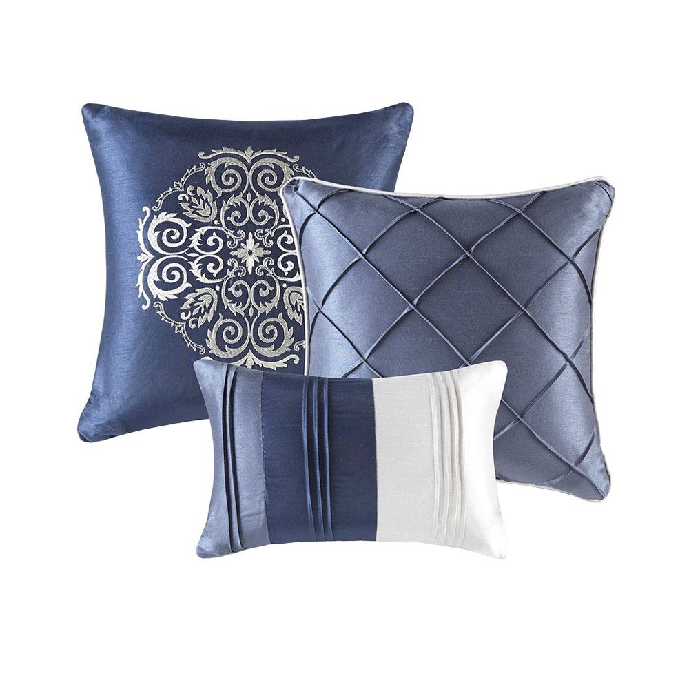 Set of Seven Navy Blue Striped Queen Ring Stitch Polyester Sham And Comforter HomeRoots