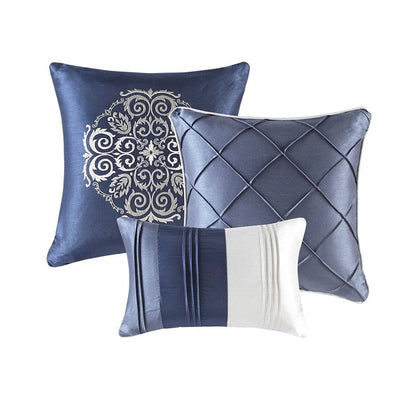Set of Seven Navy Blue Striped Queen Ring Stitch Polyester Sham And Comforter HomeRoots