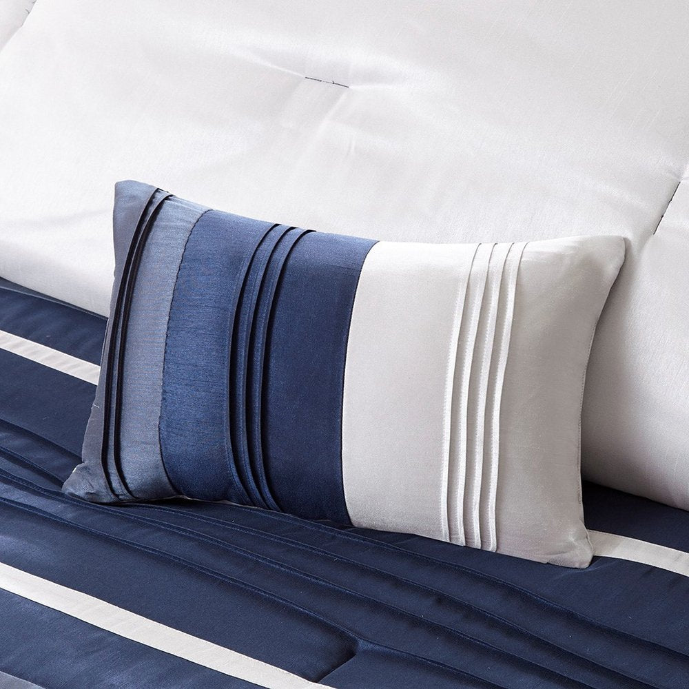 Set of Seven Navy Blue Striped Queen Ring Stitch Polyester Sham And Comforter HomeRoots