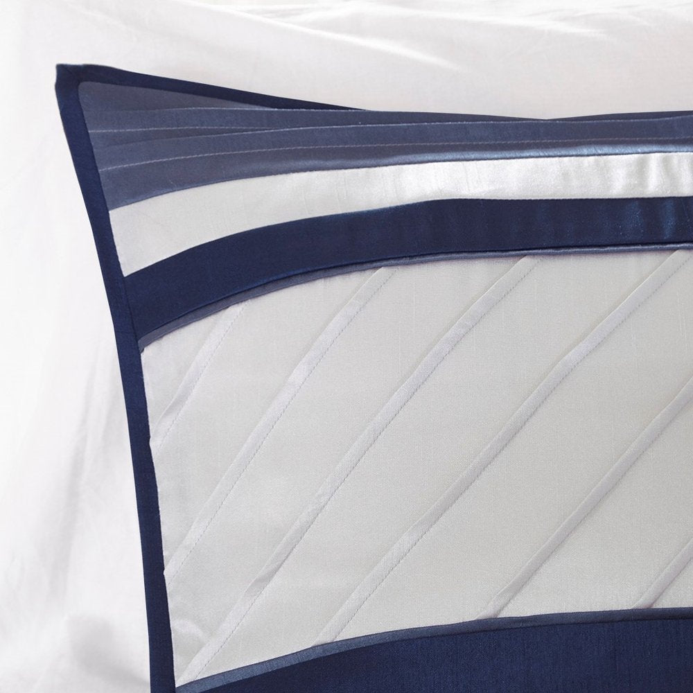 Set of Seven Navy Blue Striped Queen Ring Stitch Polyester Sham And Comforter HomeRoots