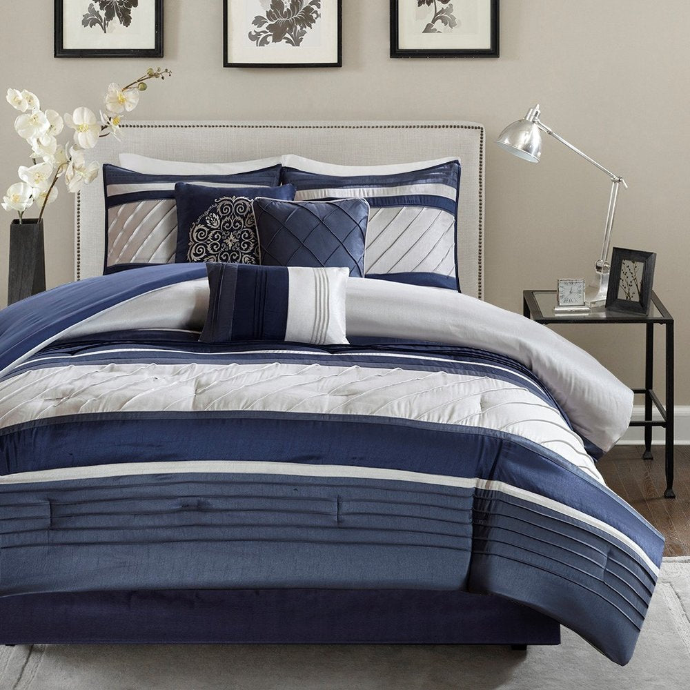 Set of Seven Navy Blue Striped Queen Ring Stitch Polyester Sham And Comforter HomeRoots