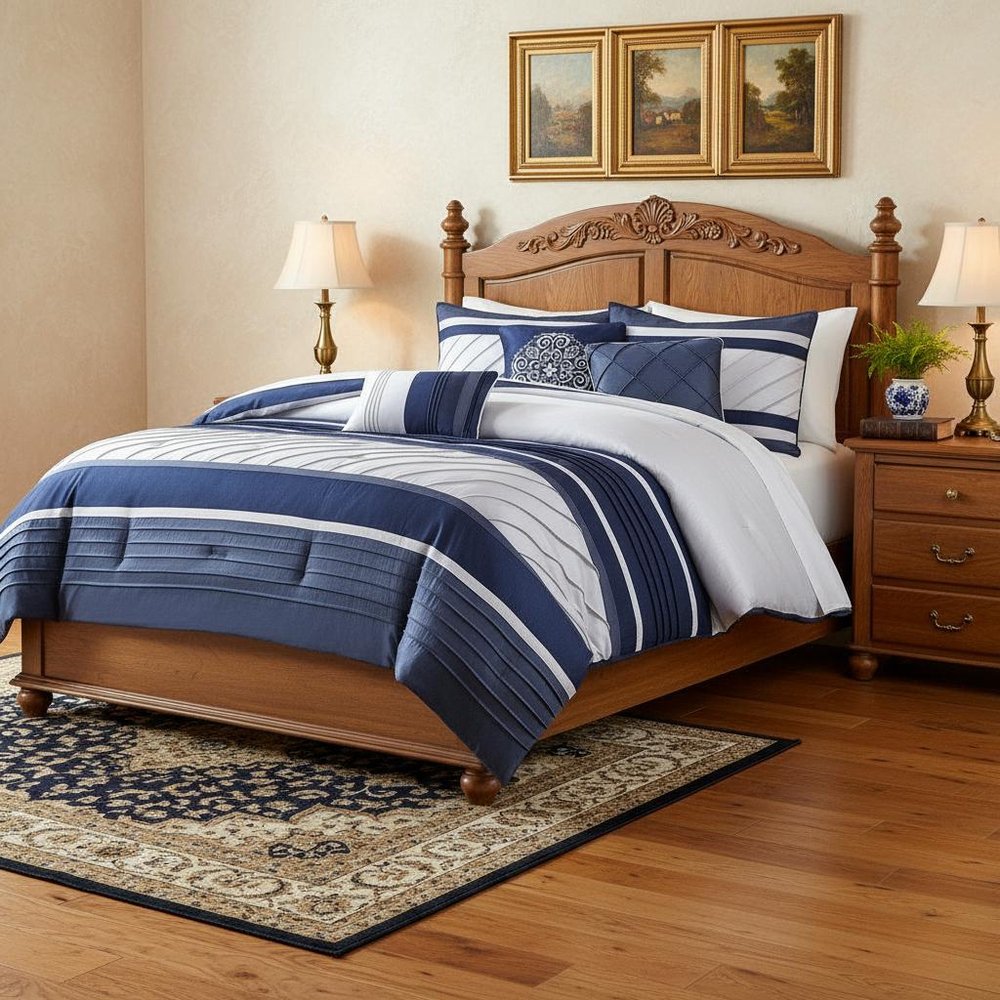 Set of Seven Navy Blue Striped Queen Ring Stitch Polyester Sham And Comforter HomeRoots
