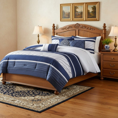 Set of Seven Navy Blue Striped Queen Ring Stitch Polyester Sham And Comforter HomeRoots