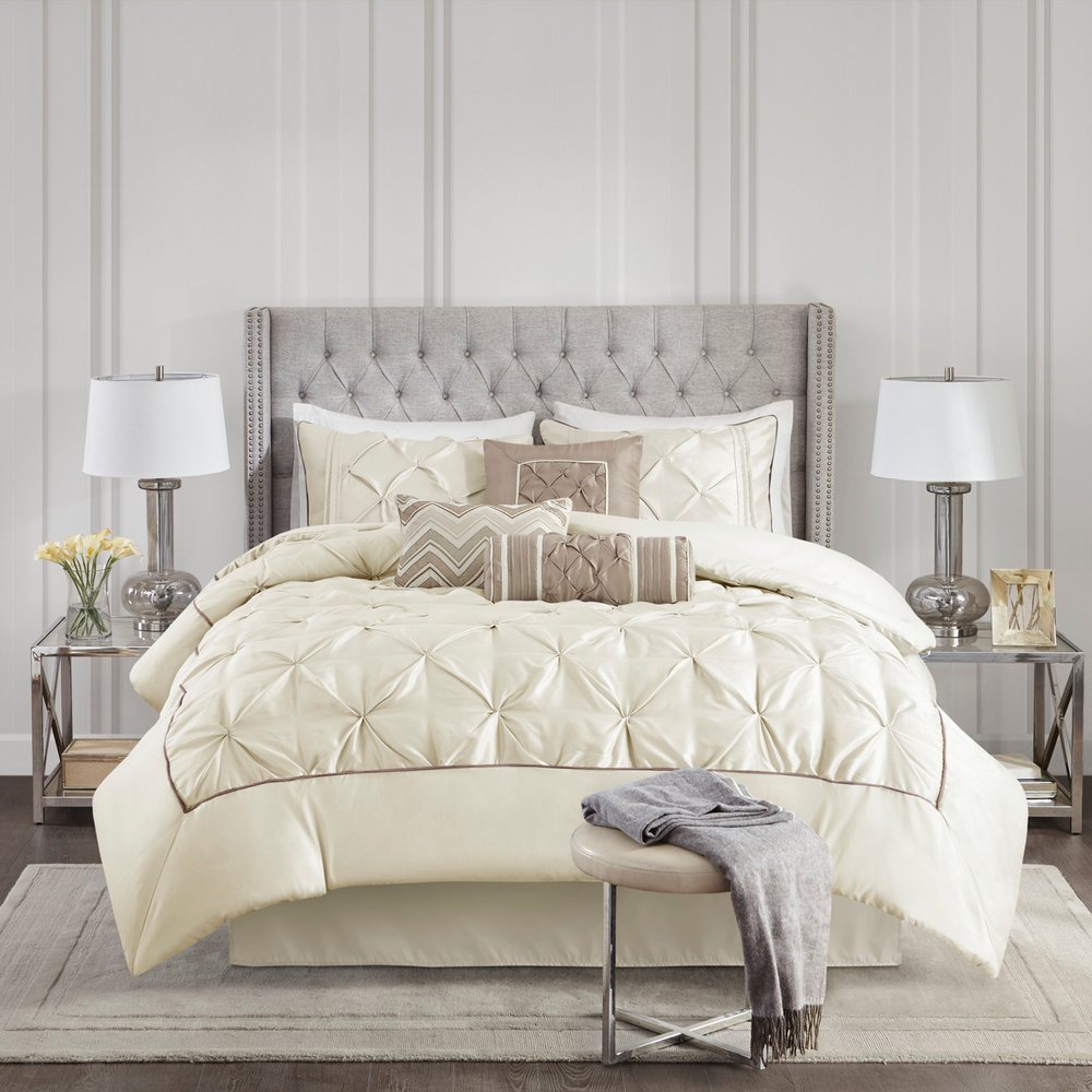 Set of Seven Ivory Queen Ring Stitch Polyester Sham And Comforter HomeRoots