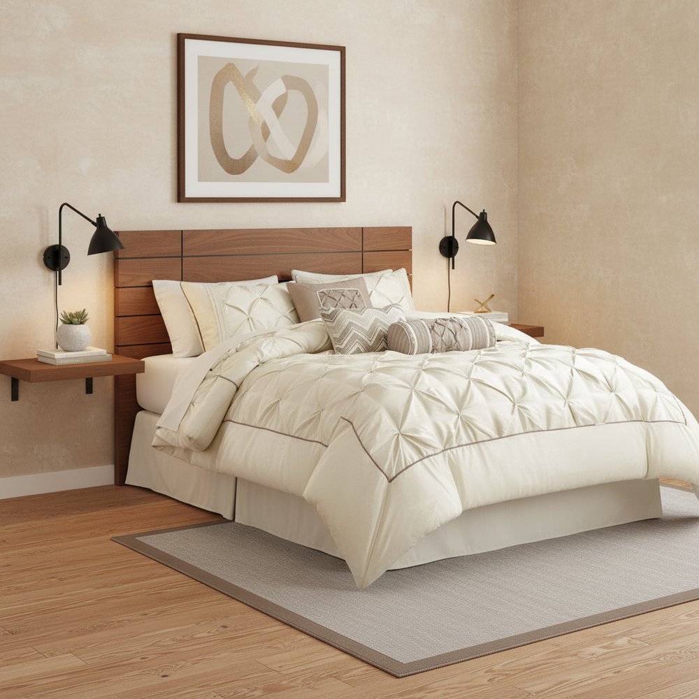 Set of Seven Ivory Queen Ring Stitch Polyester Sham And Comforter HomeRoots