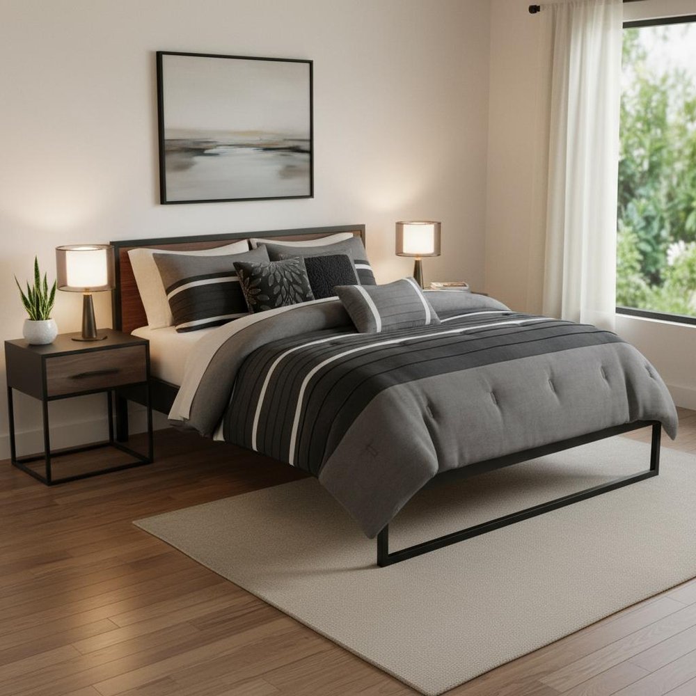 Set of Seven Black King Ring Stitch Polyester Sham And Comforter HomeRoots