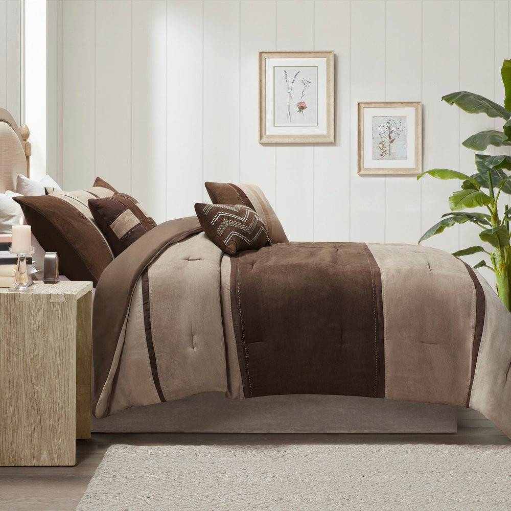 Set of Seven Brown King Ring Stitch Polyester Sham And Comforter HomeRoots