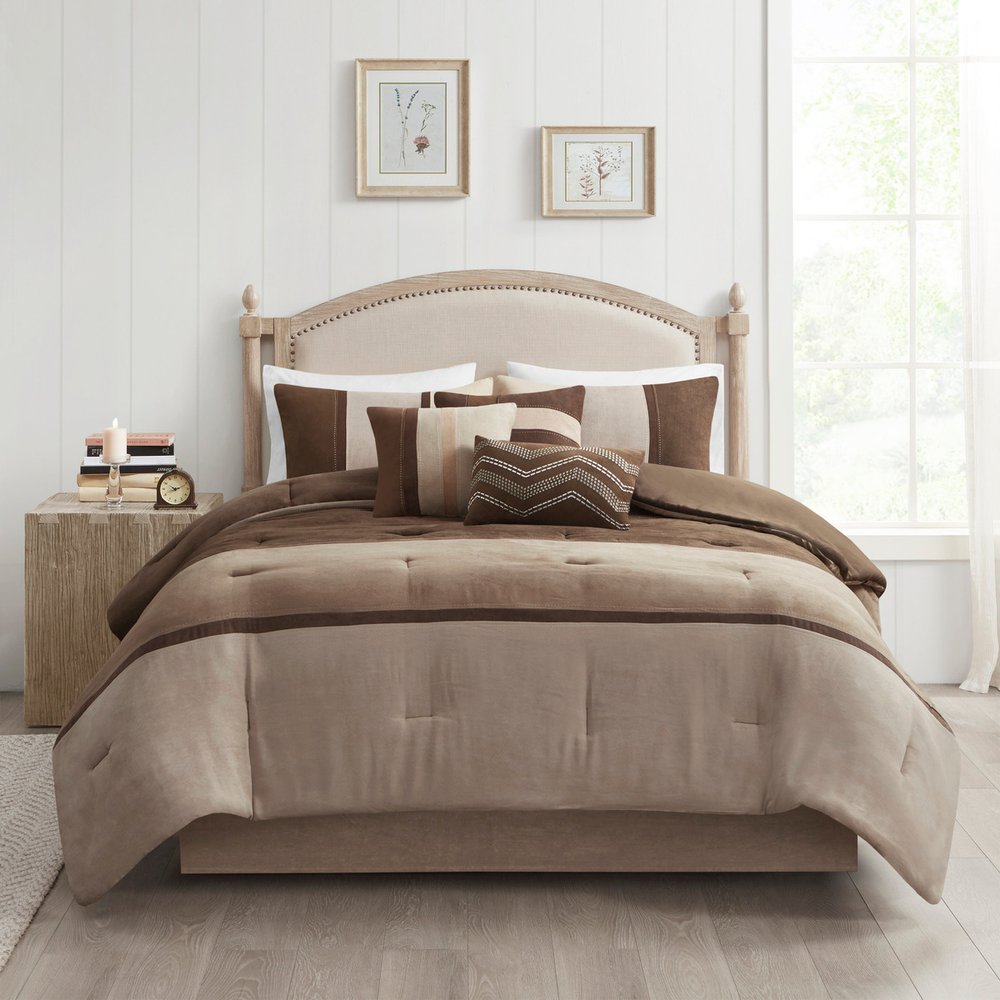 Set of Seven Brown King Ring Stitch Polyester Sham And Comforter HomeRoots