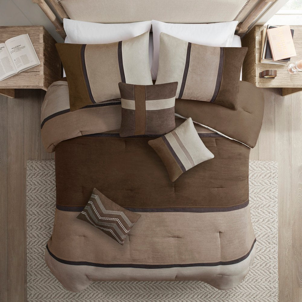 Set of Seven Brown King Ring Stitch Polyester Sham And Comforter HomeRoots