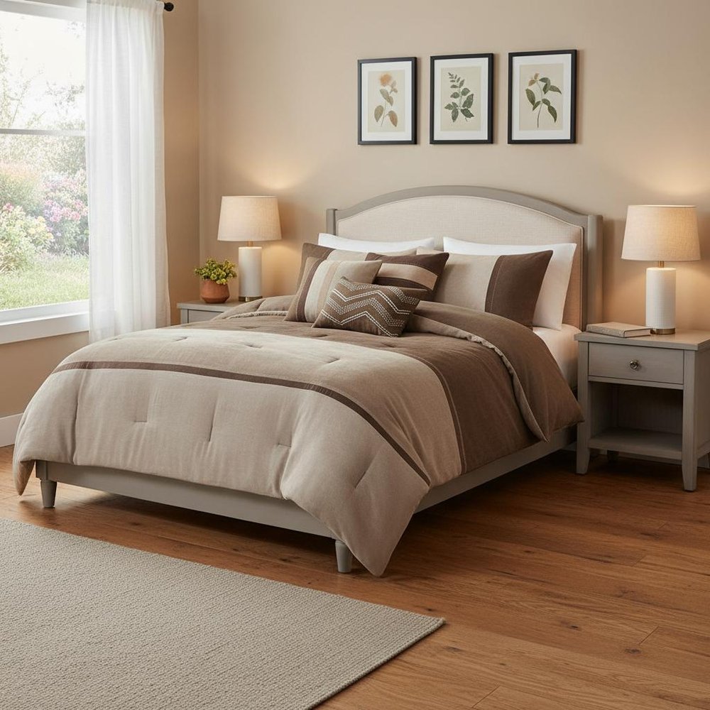 Set of Seven Brown King Ring Stitch Polyester Sham And Comforter HomeRoots