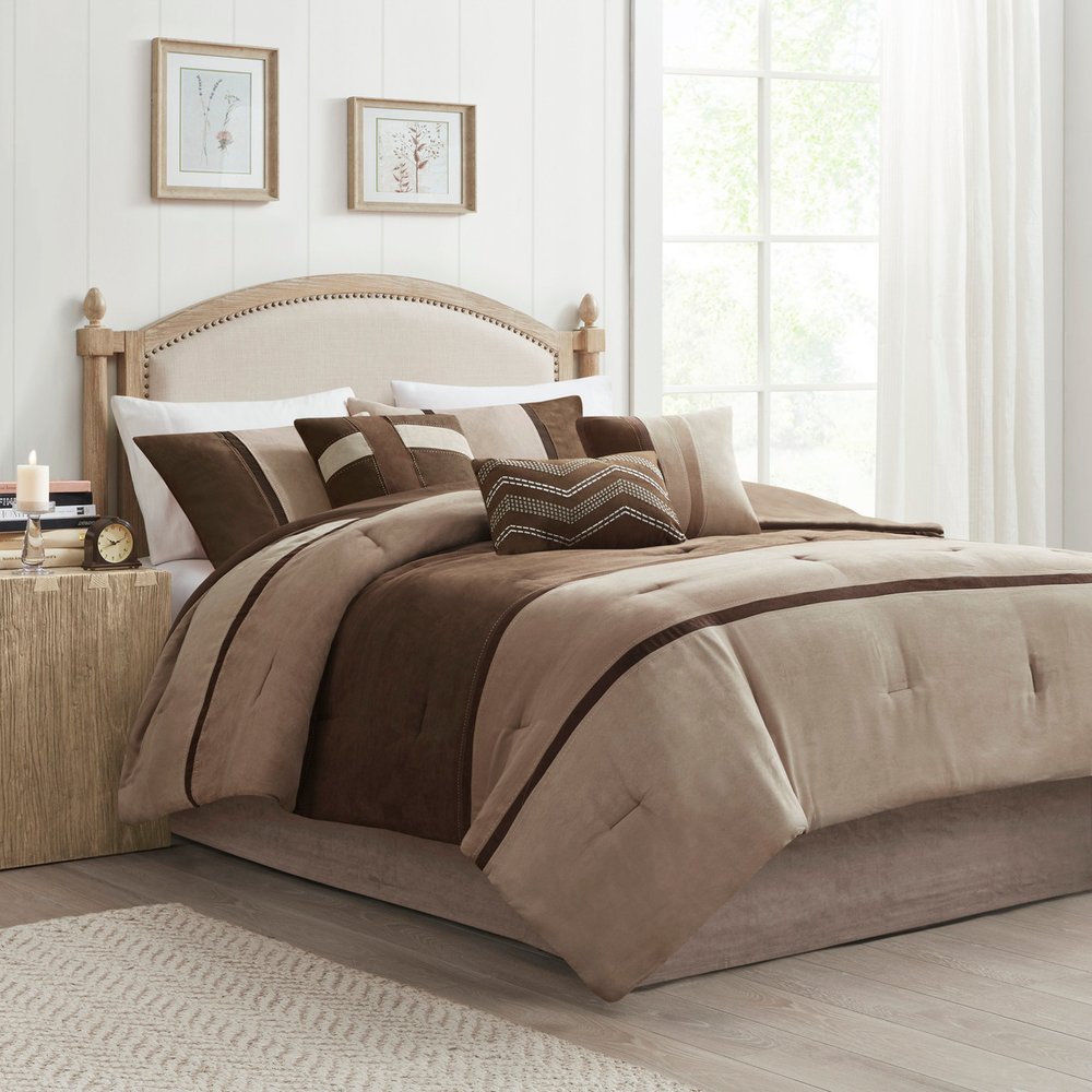 Set of Seven Brown King Ring Stitch Polyester Sham And Comforter HomeRoots