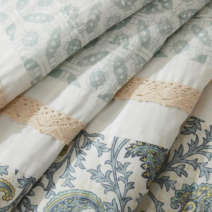 Set of Nine Aqua And Ivory Paisley King Ring Stitch Polyester Sham And Comforter HomeRoots