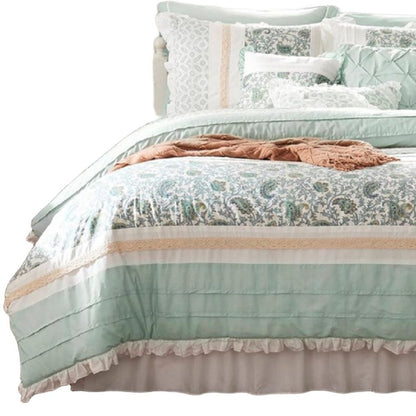 Set of Nine Aqua And Ivory Paisley King Ring Stitch Polyester Sham And Comforter HomeRoots