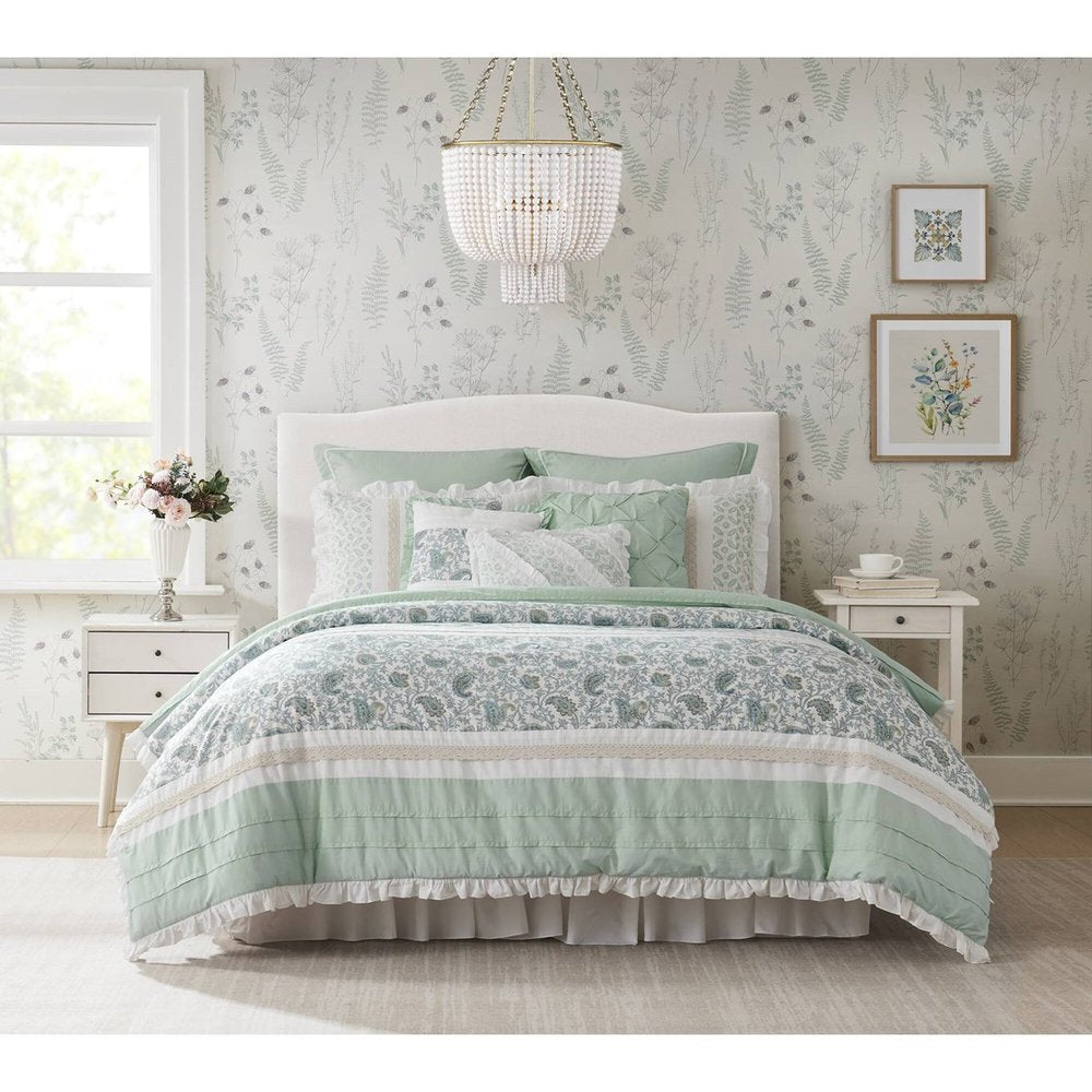 Set of Nine Aqua And Ivory Paisley King Ring Stitch Polyester Sham And Comforter HomeRoots