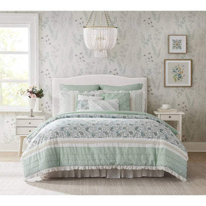 Set of Nine Aqua And Ivory Paisley King Ring Stitch Polyester Sham And Comforter HomeRoots