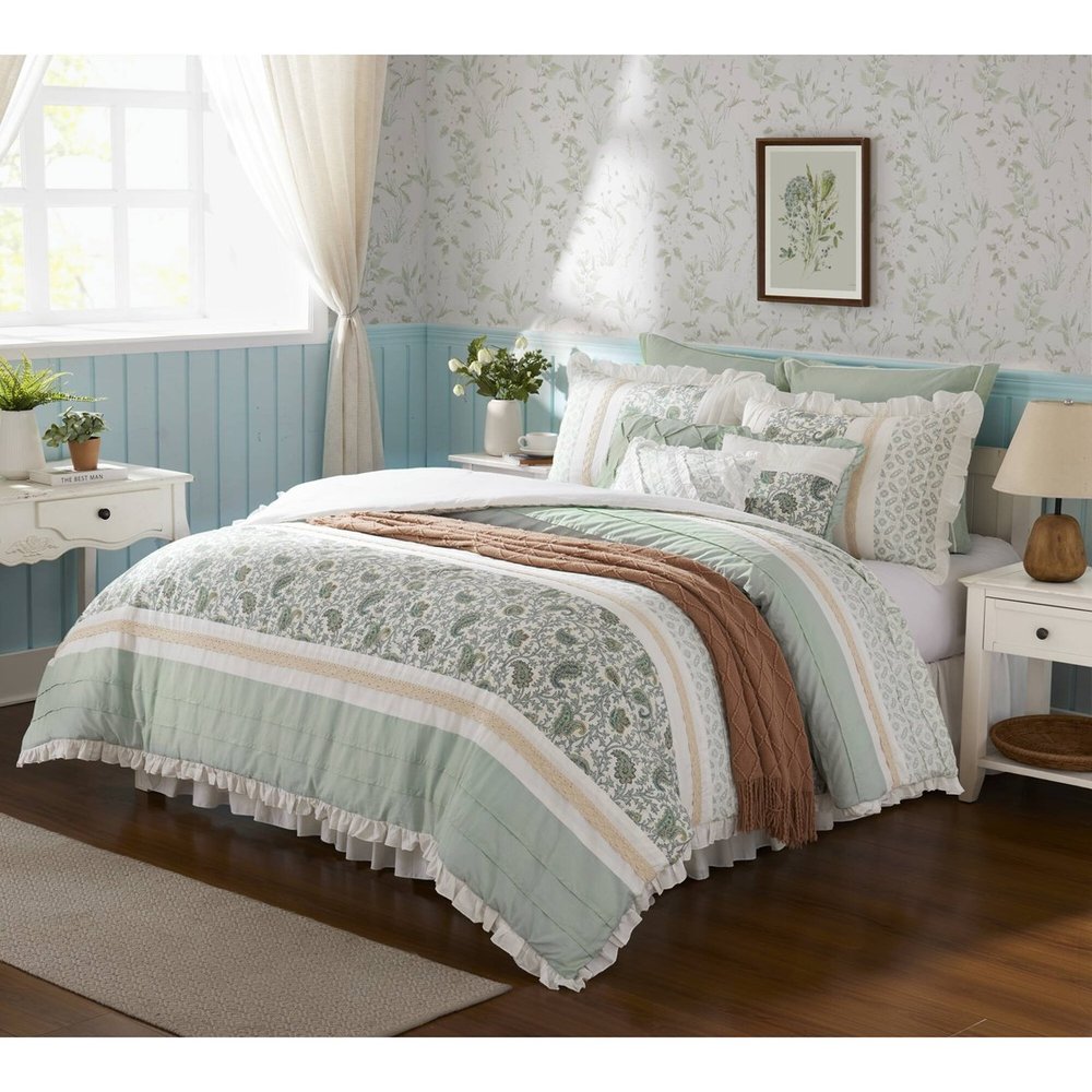 Set of Nine Aqua And Ivory Paisley King Ring Stitch Polyester Sham And Comforter HomeRoots