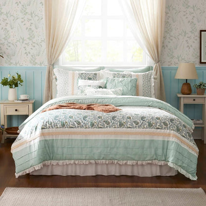 Set of Nine Aqua And Ivory Paisley King Ring Stitch Polyester Sham And Comforter HomeRoots