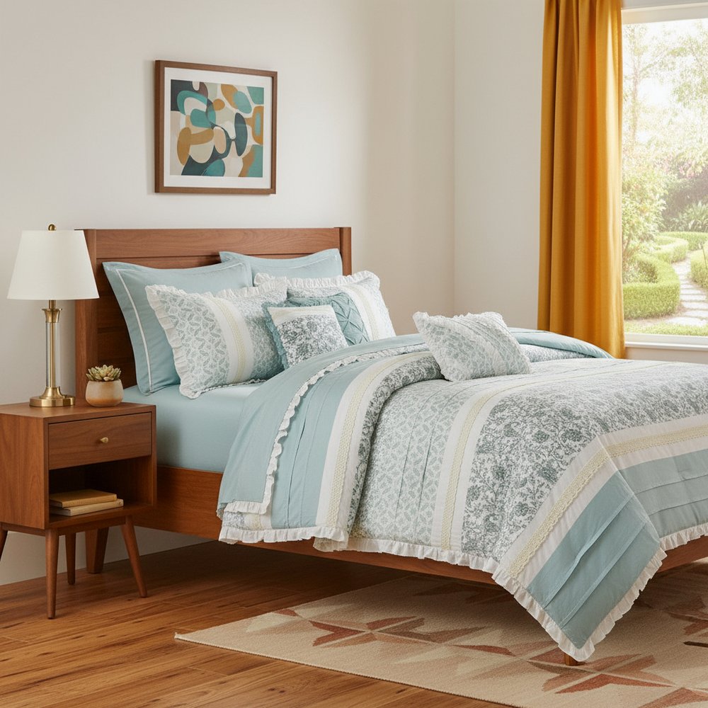 Set of Nine Aqua And Ivory Paisley King Ring Stitch Polyester Sham And Comforter HomeRoots