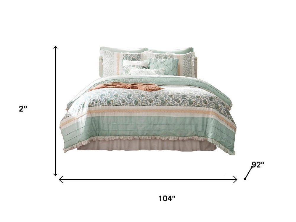 Set of Nine Aqua And Ivory Paisley King Ring Stitch Polyester Sham And Comforter HomeRoots