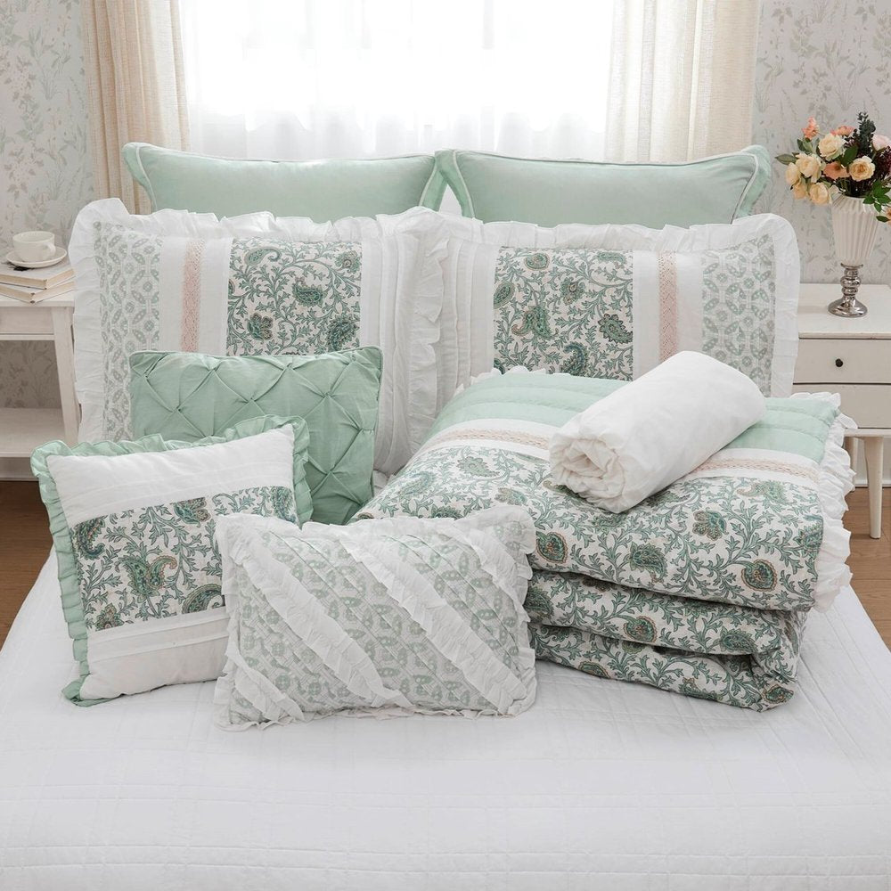Set of Nine Aqua And Ivory Paisley King Ring Stitch Polyester Sham And Comforter HomeRoots