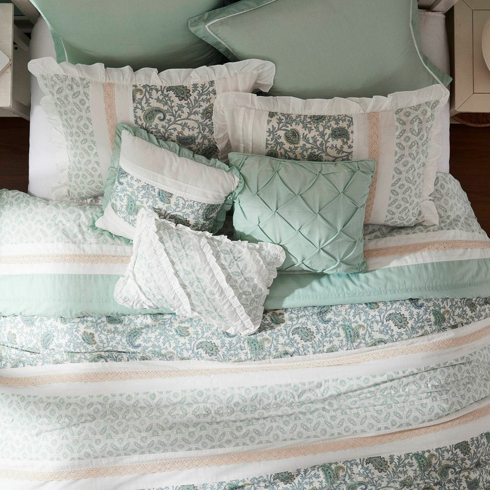 Set of Nine Aqua And Ivory Paisley King Ring Stitch Polyester Sham And Comforter HomeRoots