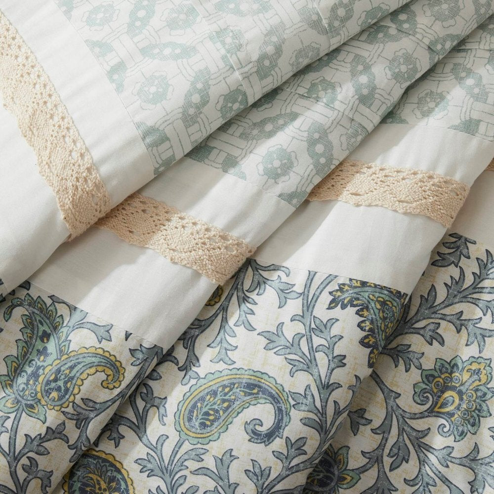 Set of Nine Aqua And Ivory Paisley King Ring Stitch Polyester Sham And Comforter HomeRoots