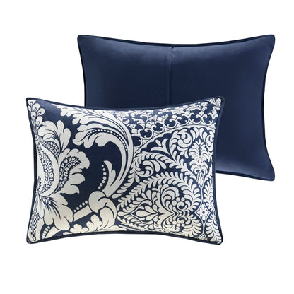 Set of Seven Indigo And White Damask Queen Ring Stitch Polyester Sham And Comforter HomeRoots