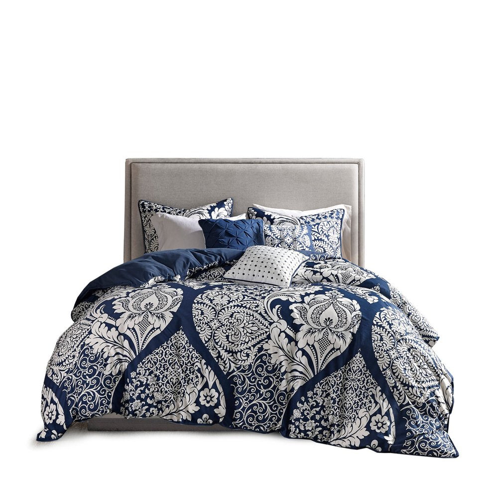 Set of Seven Indigo And White Damask Queen Ring Stitch Polyester Sham And Comforter HomeRoots