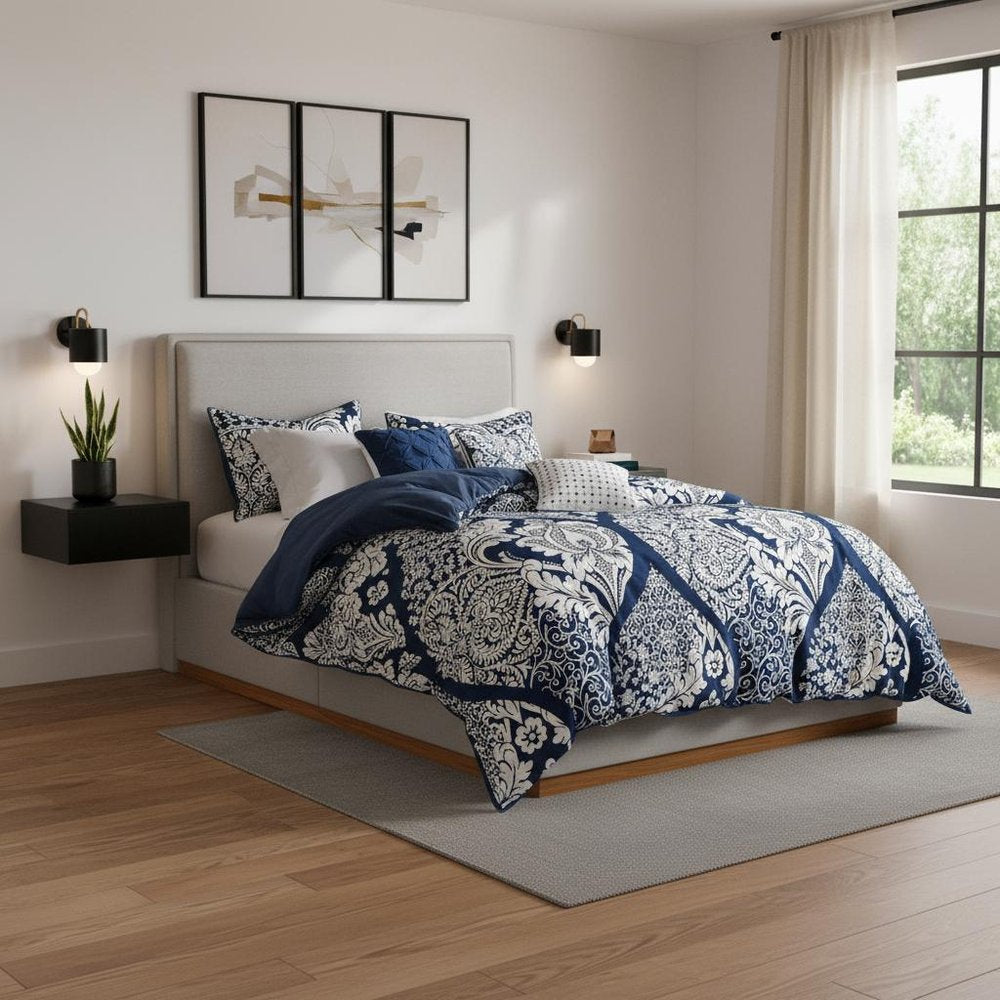 Set of Seven Indigo And White Damask Queen Ring Stitch Polyester Sham And Comforter HomeRoots