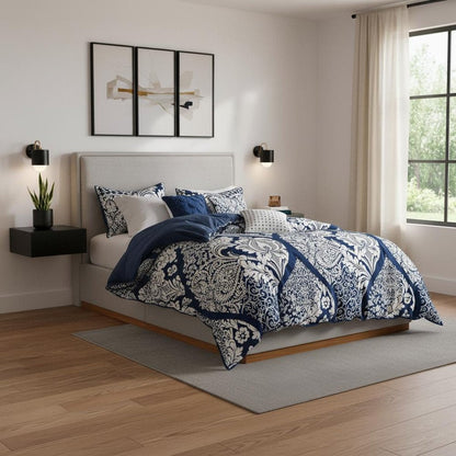 Set of Seven Indigo And White Damask Queen Ring Stitch Polyester Sham And Comforter HomeRoots