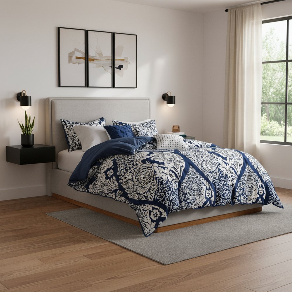 Set of Seven Indigo And White Damask Queen Ring Stitch Polyester Sham And Comforter HomeRoots