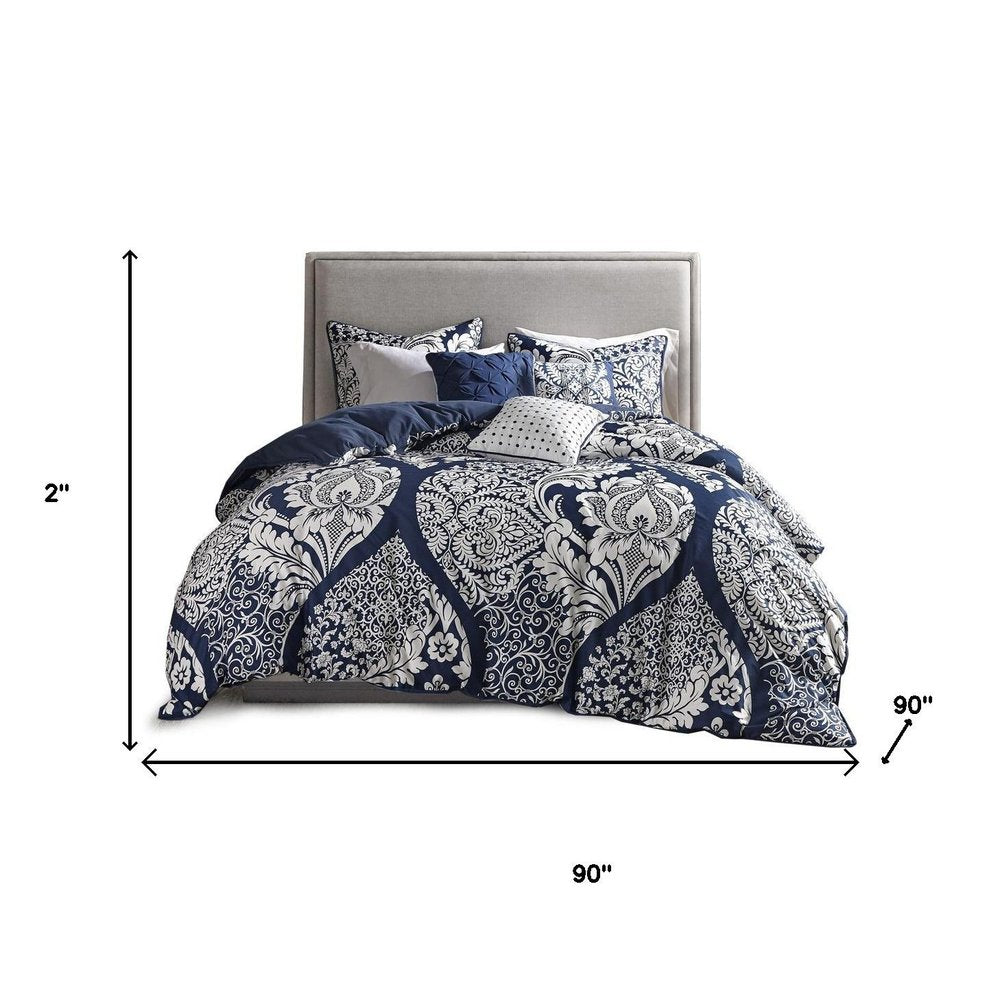 Set of Seven Indigo And White Damask Queen Ring Stitch Polyester Sham And Comforter HomeRoots